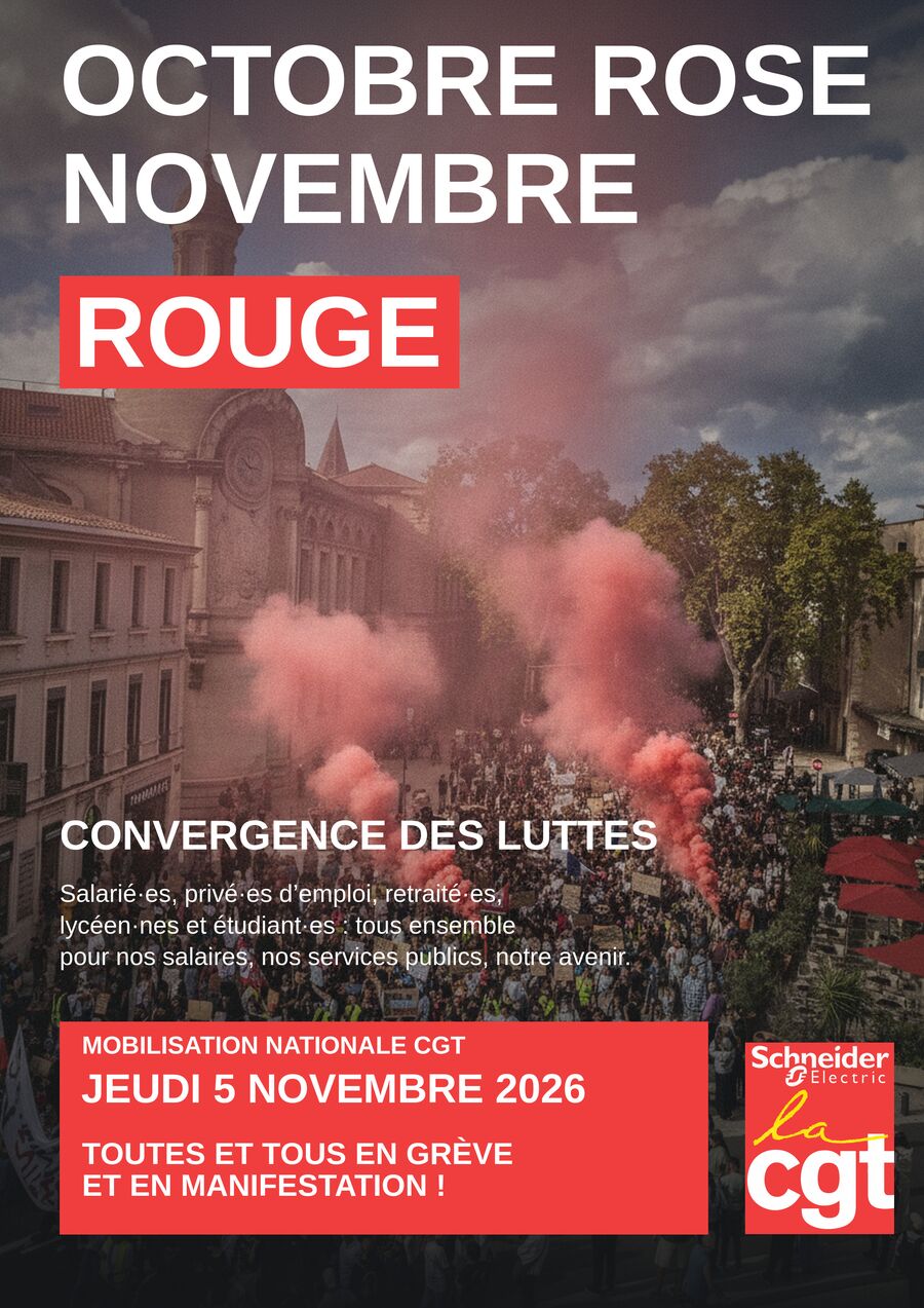 Affiche CGT « Octobre rose, novembre rouge » : convergence des luttes. Salarié·es, privé·es d’emploi, retraité·es, lycéen·nes et étudiant·es, tous ensemble pour nos salaires, nos services publics, notre avenir. Mobilisation nationale CGT, jeudi 5 novembre 2026 : toutes et tous en grève et en manifestation !